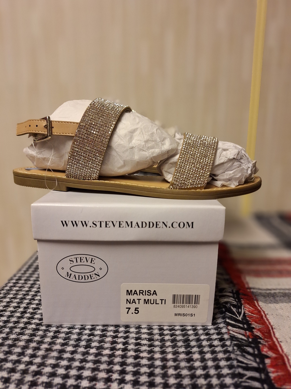 Steve Madden Marisa Flat Crystal Strap Sandal in Tan and Gold